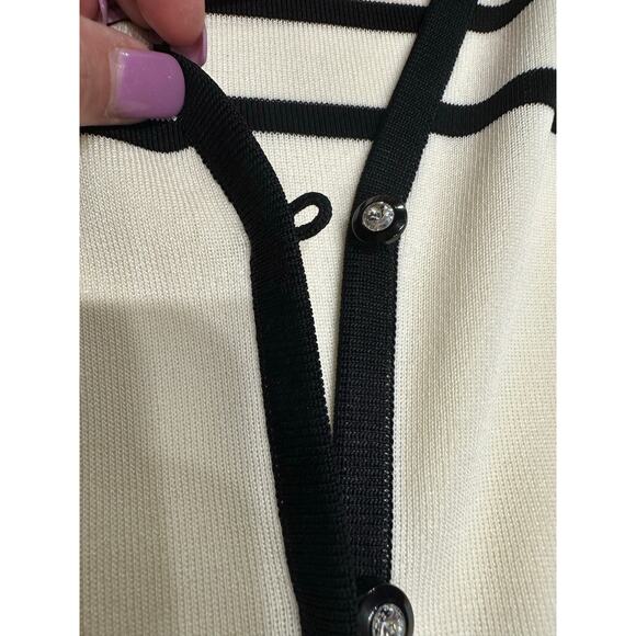 Misook Cardigan Black Ivory stripe Rhinestone Button Classy Chic Feminine S - Picture 10 of 12